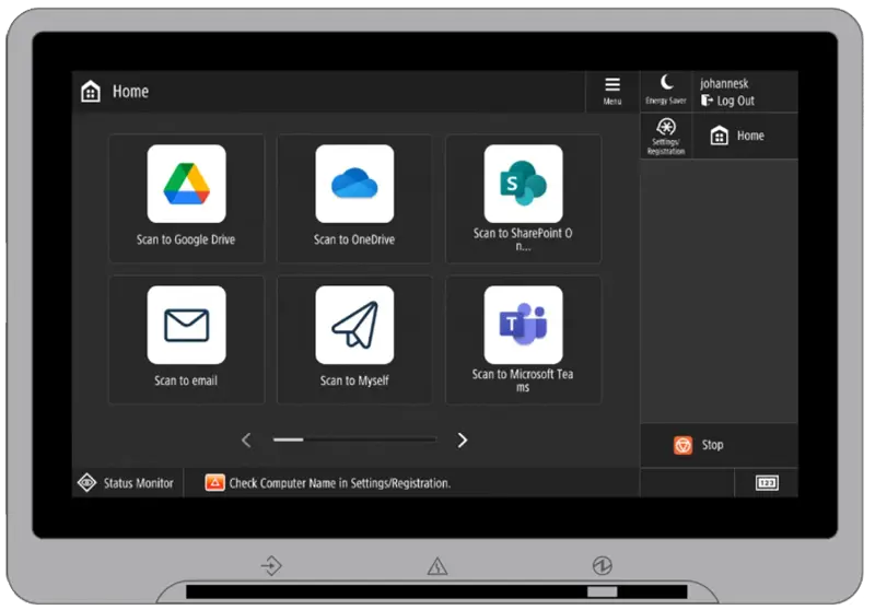 Printer screen showing scan options to multiple cloud services and email.