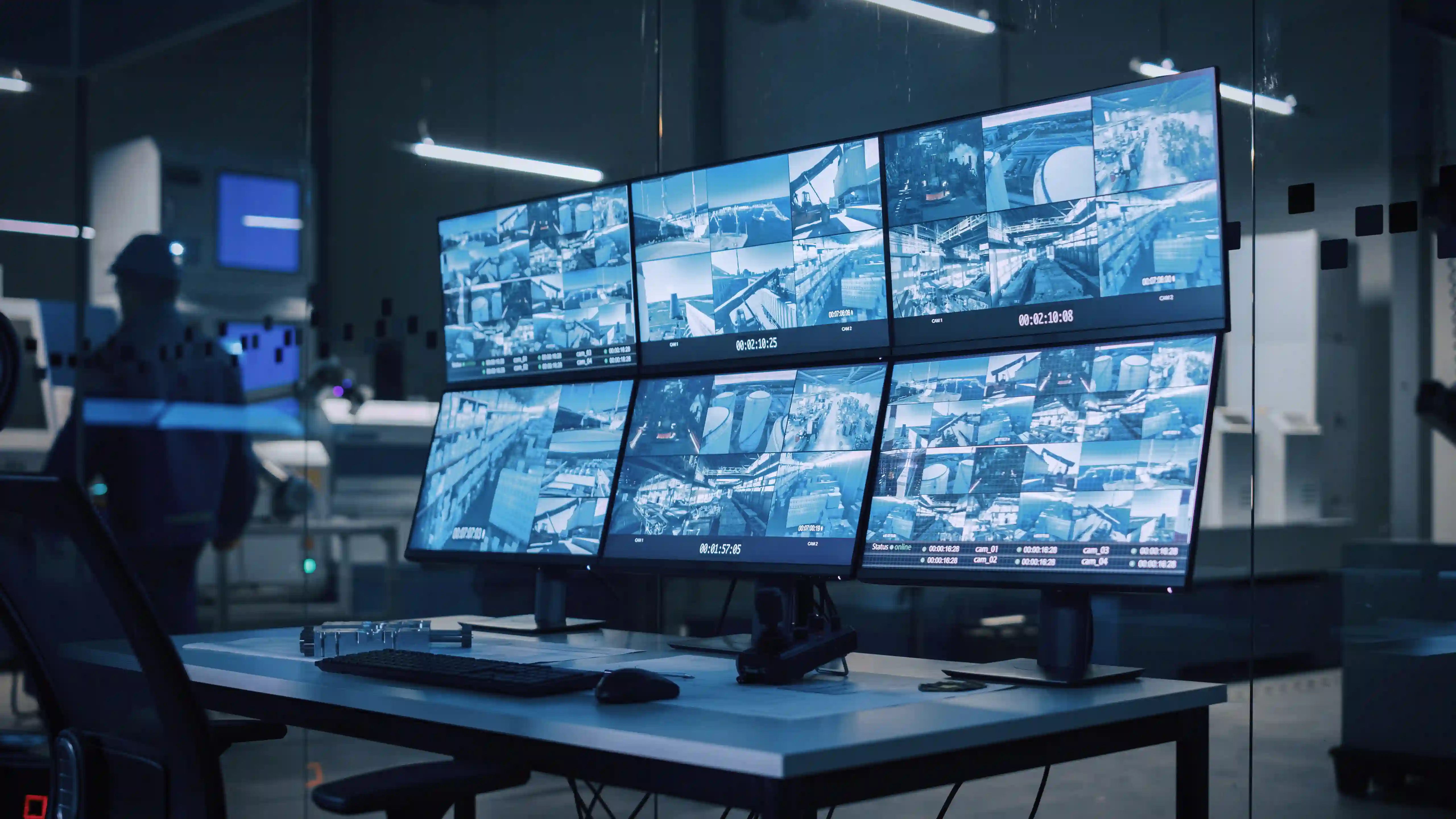 Security control room with multiple monitors displaying live CCTV surveillance footage.