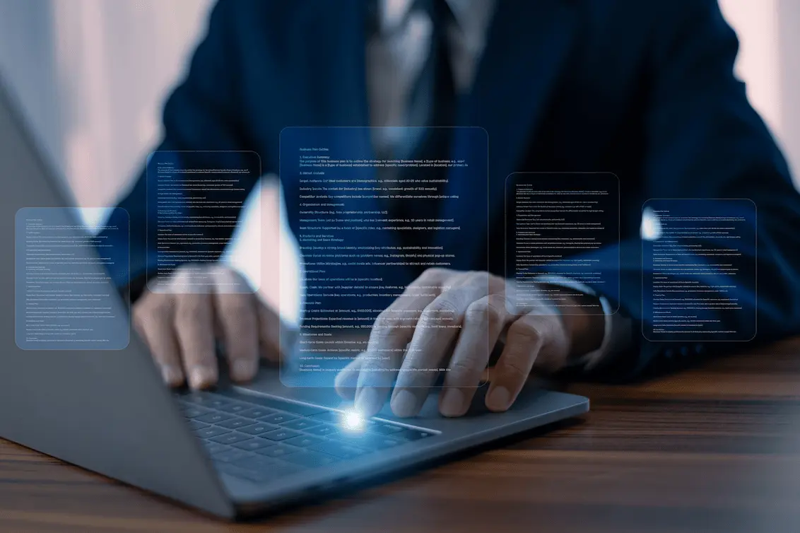 Business professional typing on a laptop with digital document interface, highlighting automated data extraction.