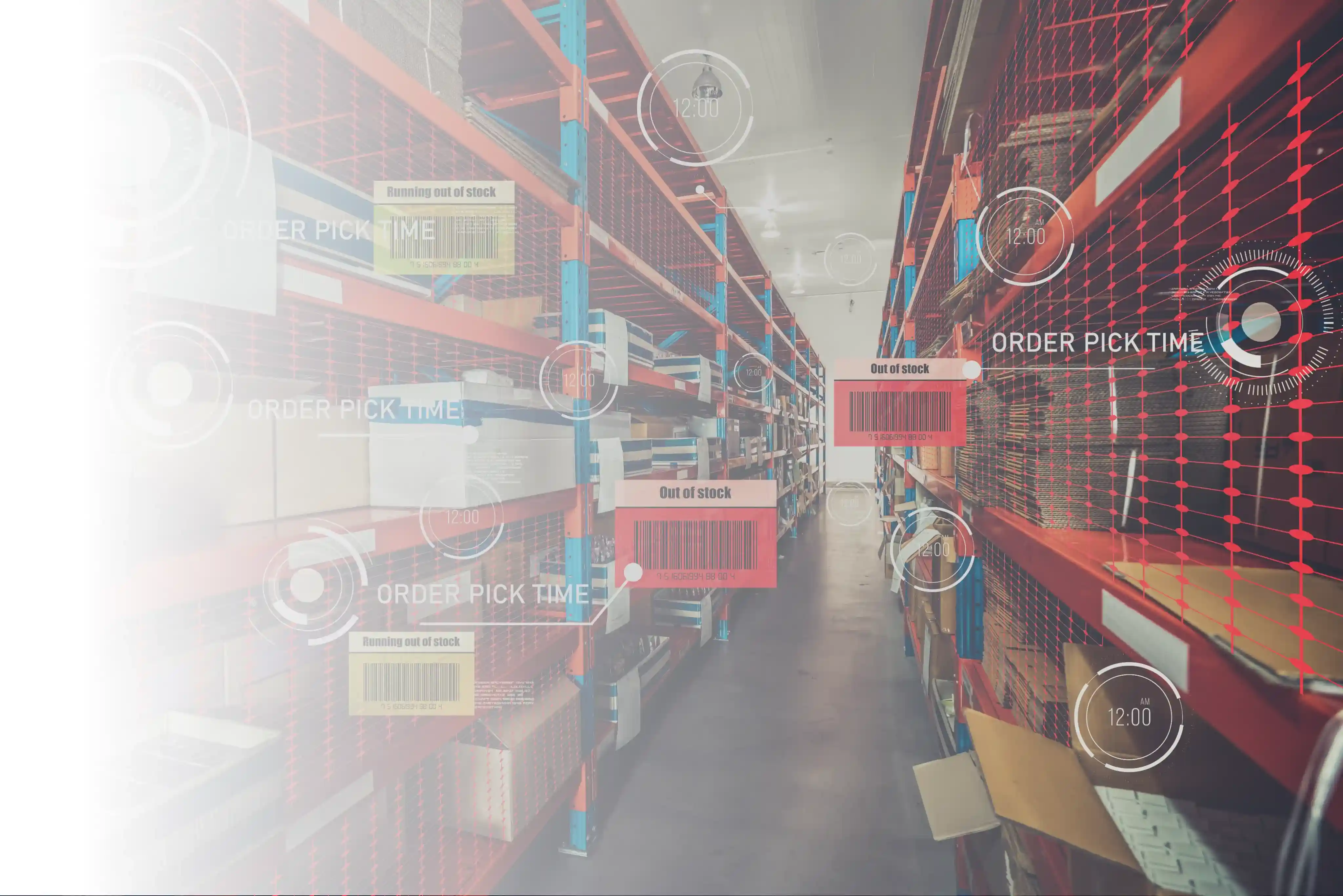 Warehouse shelves with digital overlay showing order pick time and out-of-stock alerts.