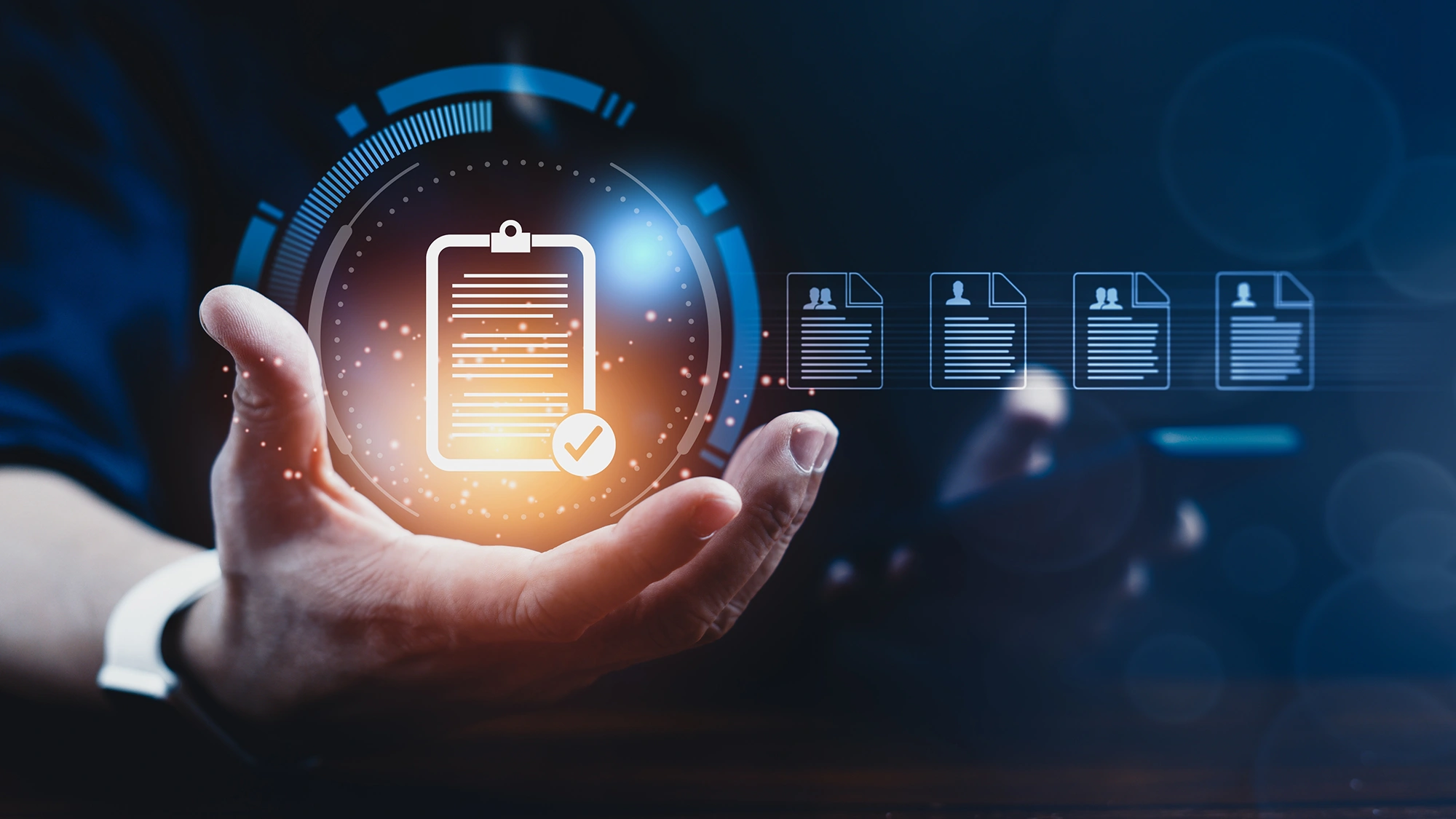 Hand holding a glowing file approval icon with digital files beside it, showcasing a paperless document management system.