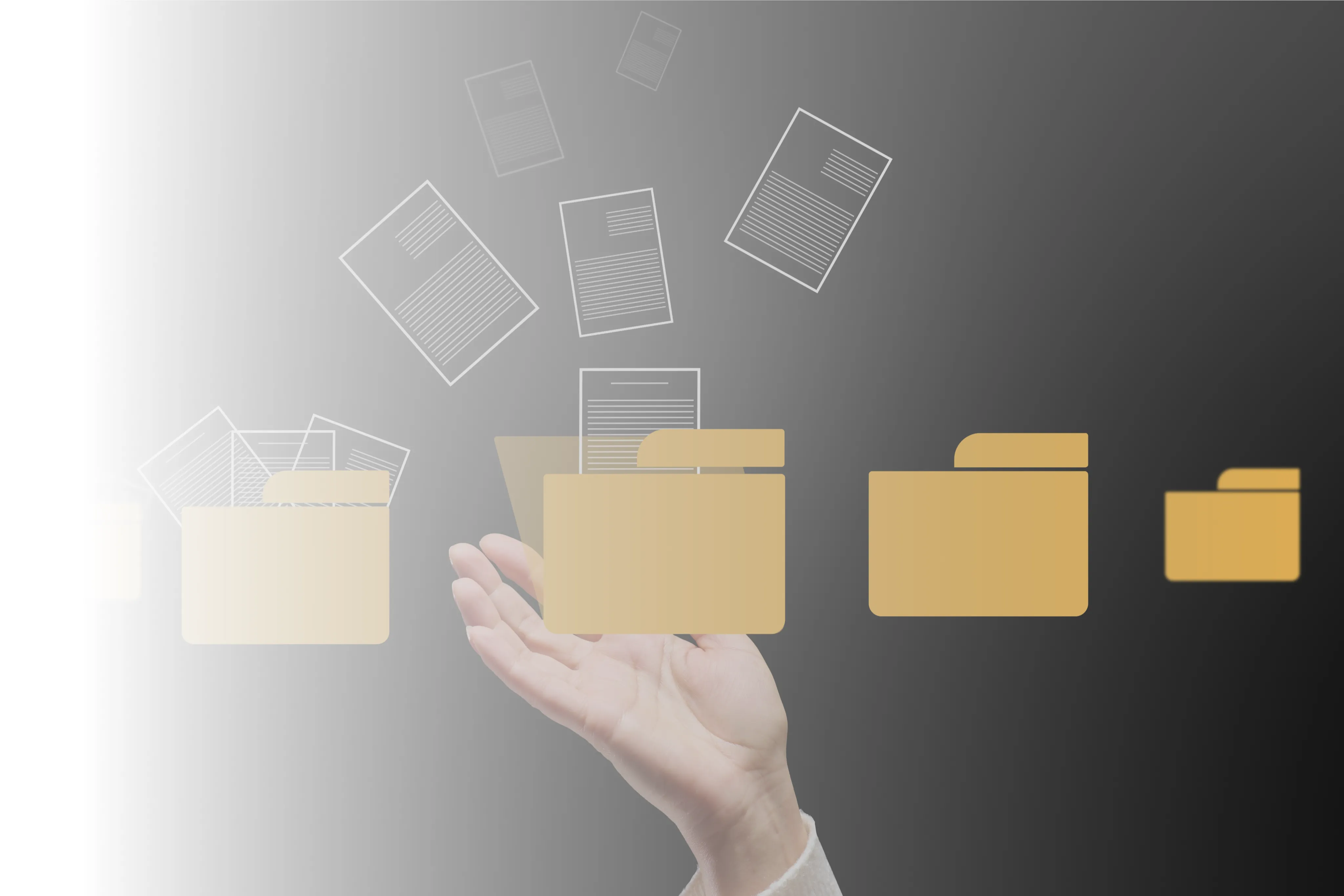 Hand interacting with digital folders as files are organized and sorted, representing a document management system.