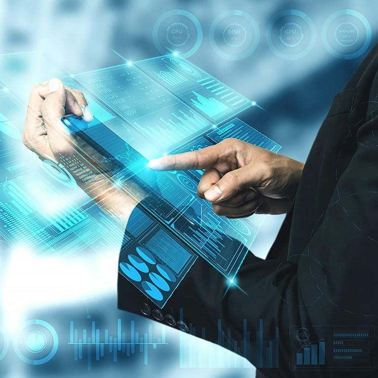 A business professional interacts with a futuristic digital interface, showcasing business digital transformation.