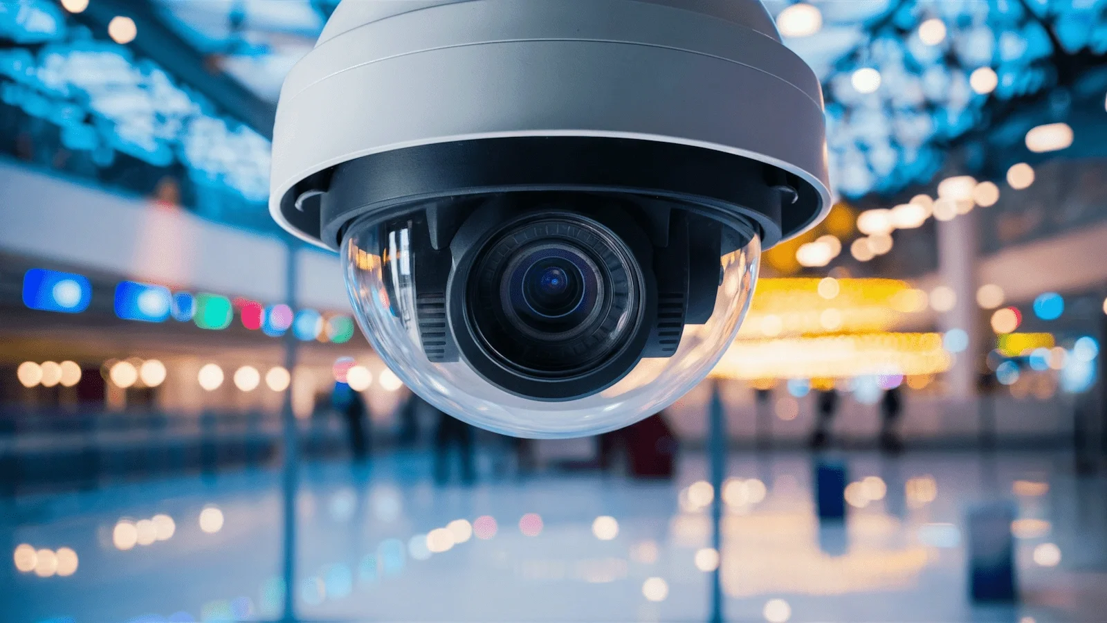 Close-up of a dome security CCTV camera mounted indoors in a modern public space with blurred background lights.