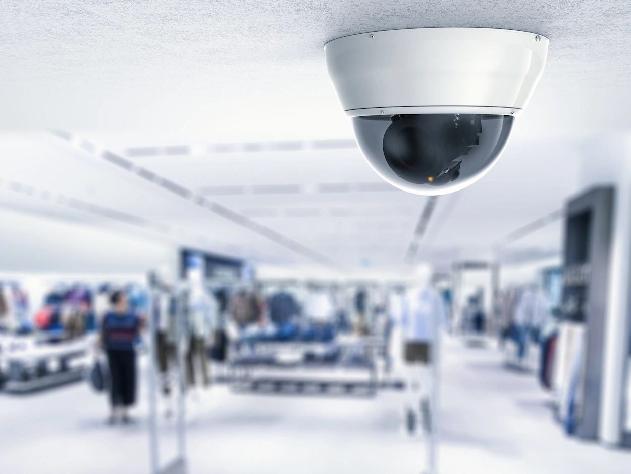 A dome CCTV camera is installed on the ceiling to monitor activity inside a retail store.